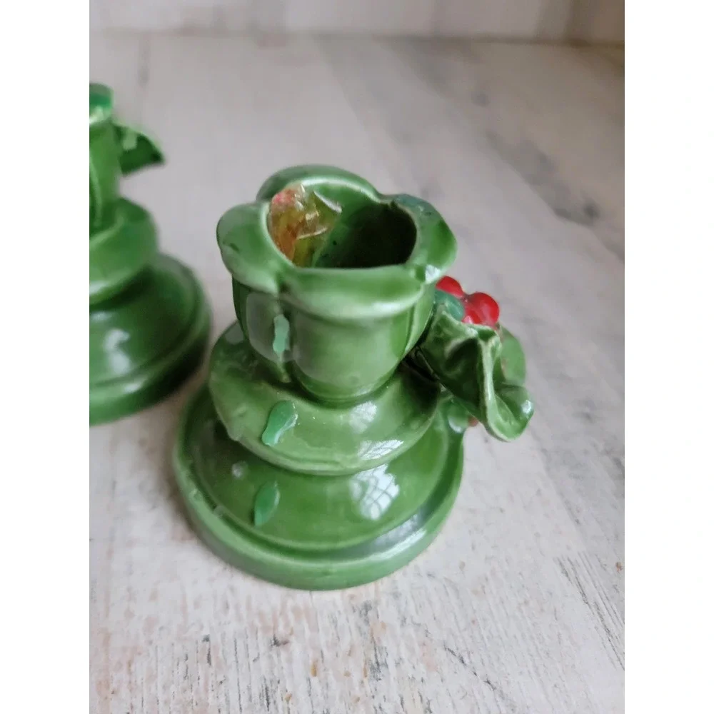 Ceramic mistletoe Holly candle stick green ceramic Xmas set home decor